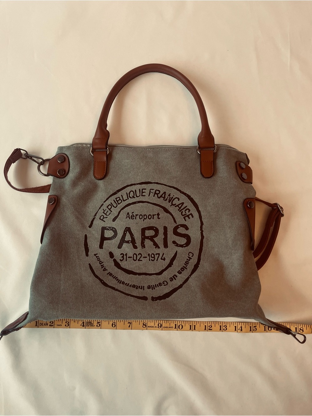 Paris Canvas Tote Bag with Brown Leather Handles